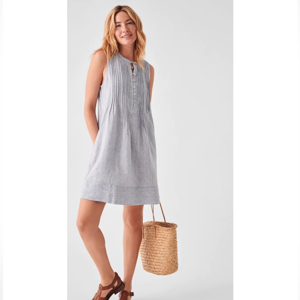 NEW Faherty Isha Linen Dress Women’s SIZE M Blue Mini Stripe